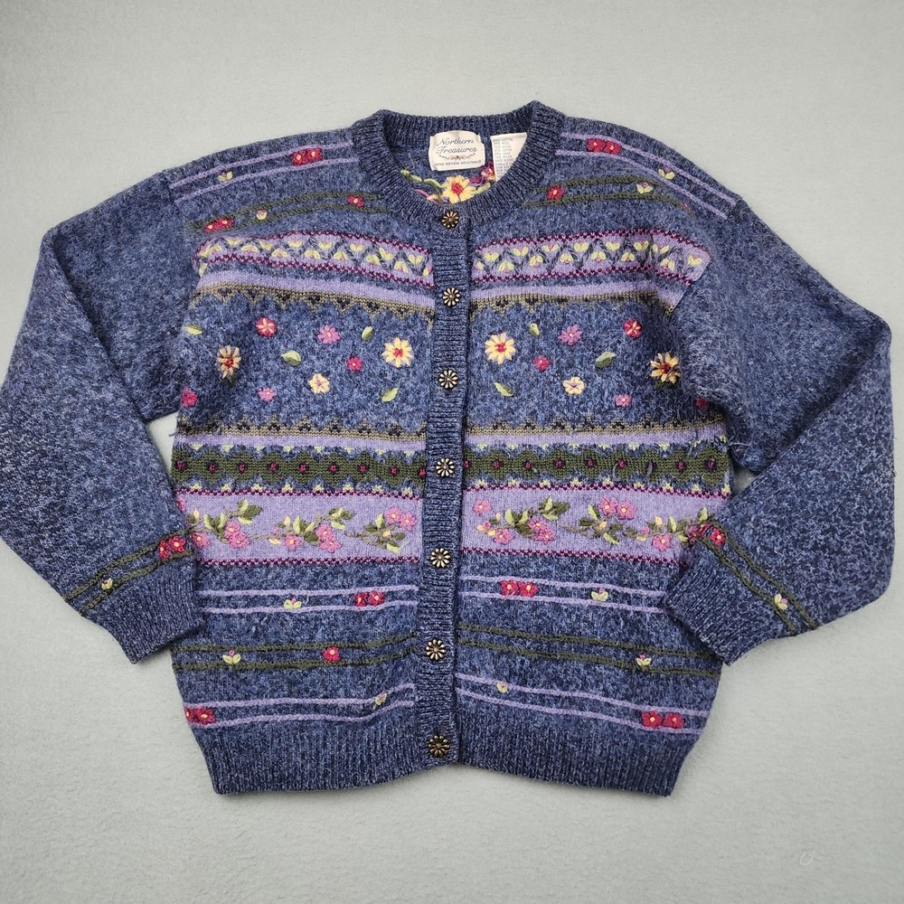 Vintage Northern Treasures Sweater Womens M Blue Floral Cardigan Embroidered - Picture 2 of 9